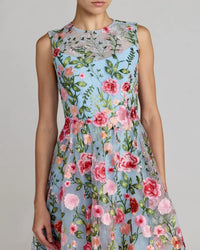 Powder Blue Multi Sleeveless Embroidered Lace High Neck Mini Dress