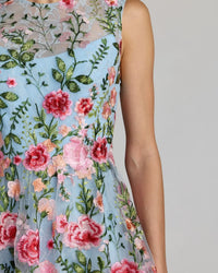 Powder Blue Multi Sleeveless Embroidered Lace High Neck Mini Dress