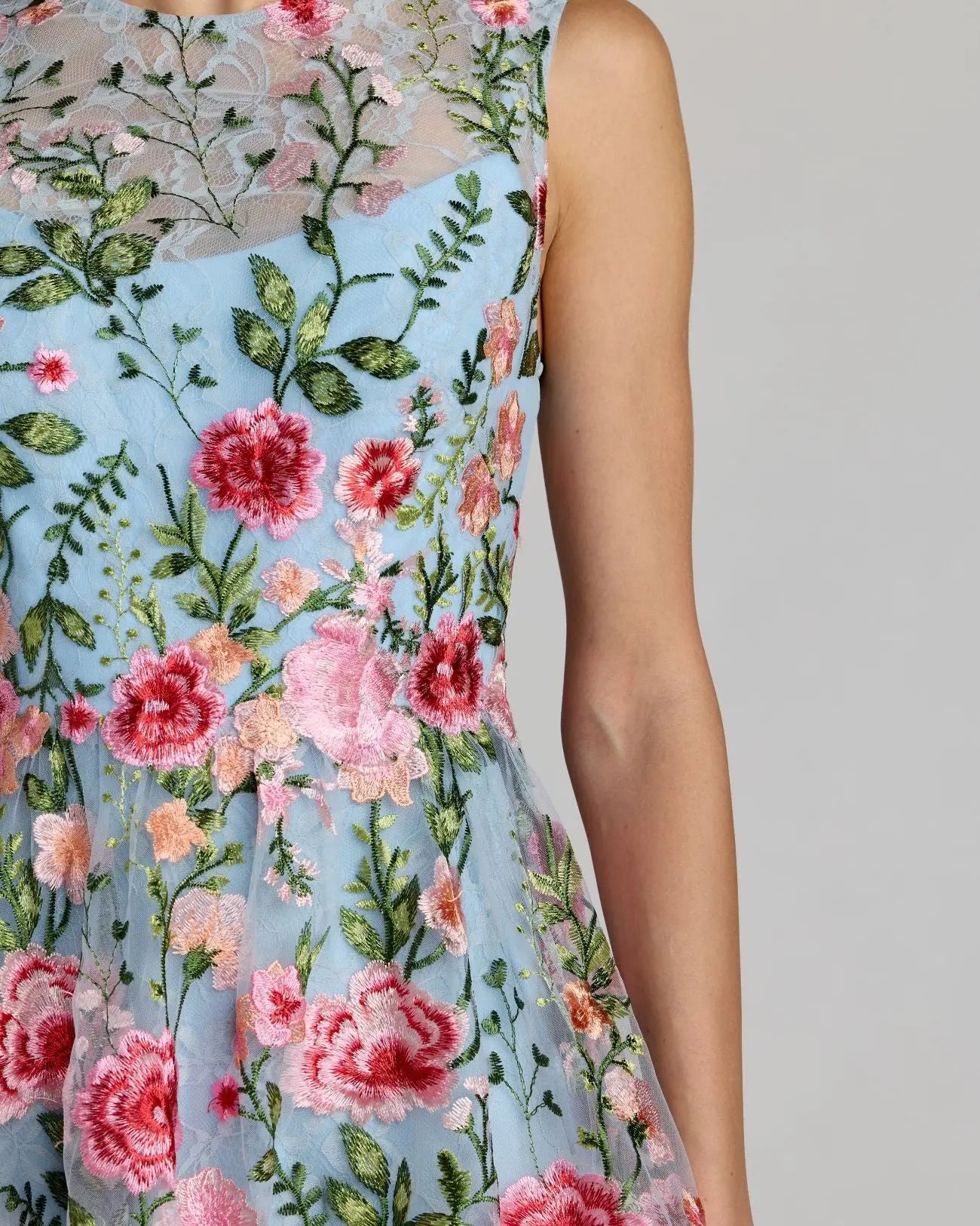 Powder Blue Multi Sleeveless Embroidered Lace High Neck Mini Dress