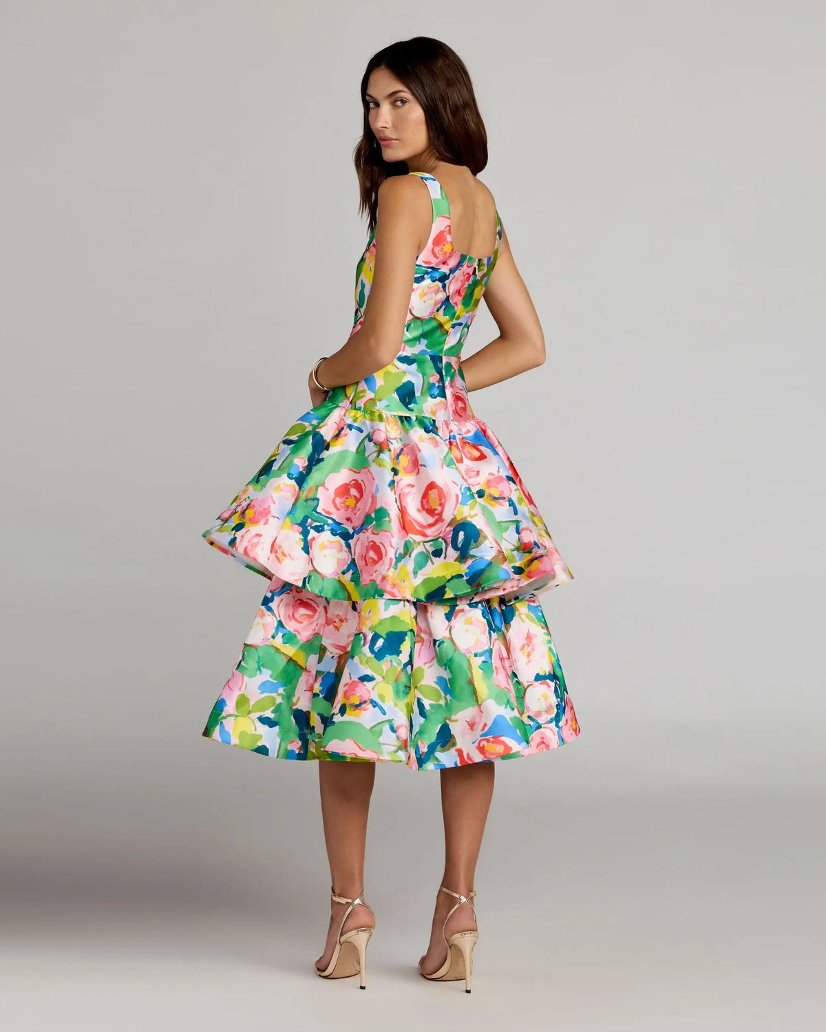 Mac Duggal Multicolor Floral Tiered Square Neck Midi Dress #56414