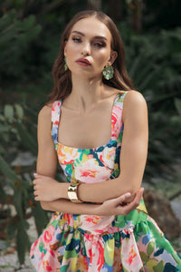 Mac Duggal Multicolor Floral Tiered Square Neck Midi Dress #56414