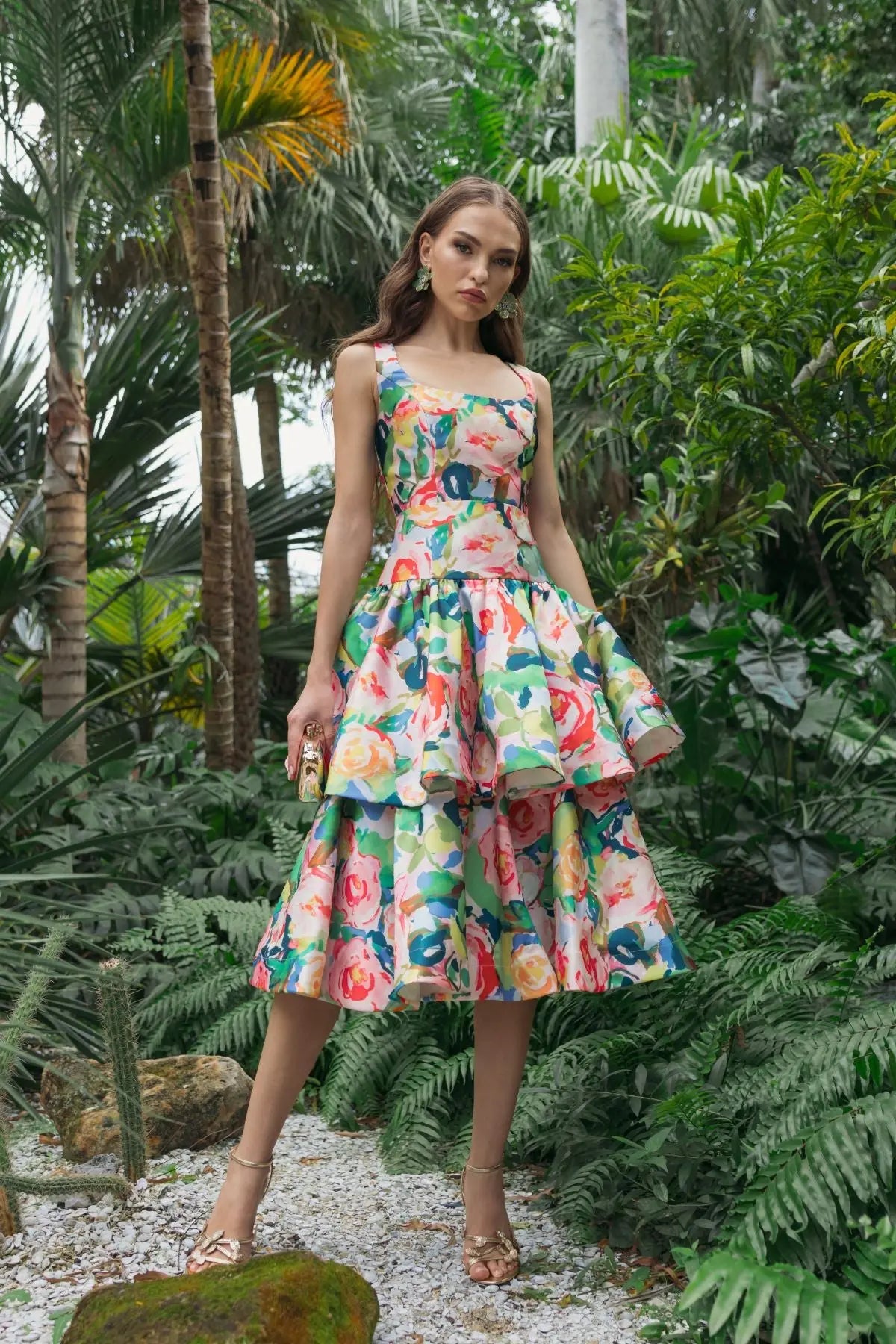 Mac Duggal Multicolor Floral Tiered Square Neck Midi Dress #56414