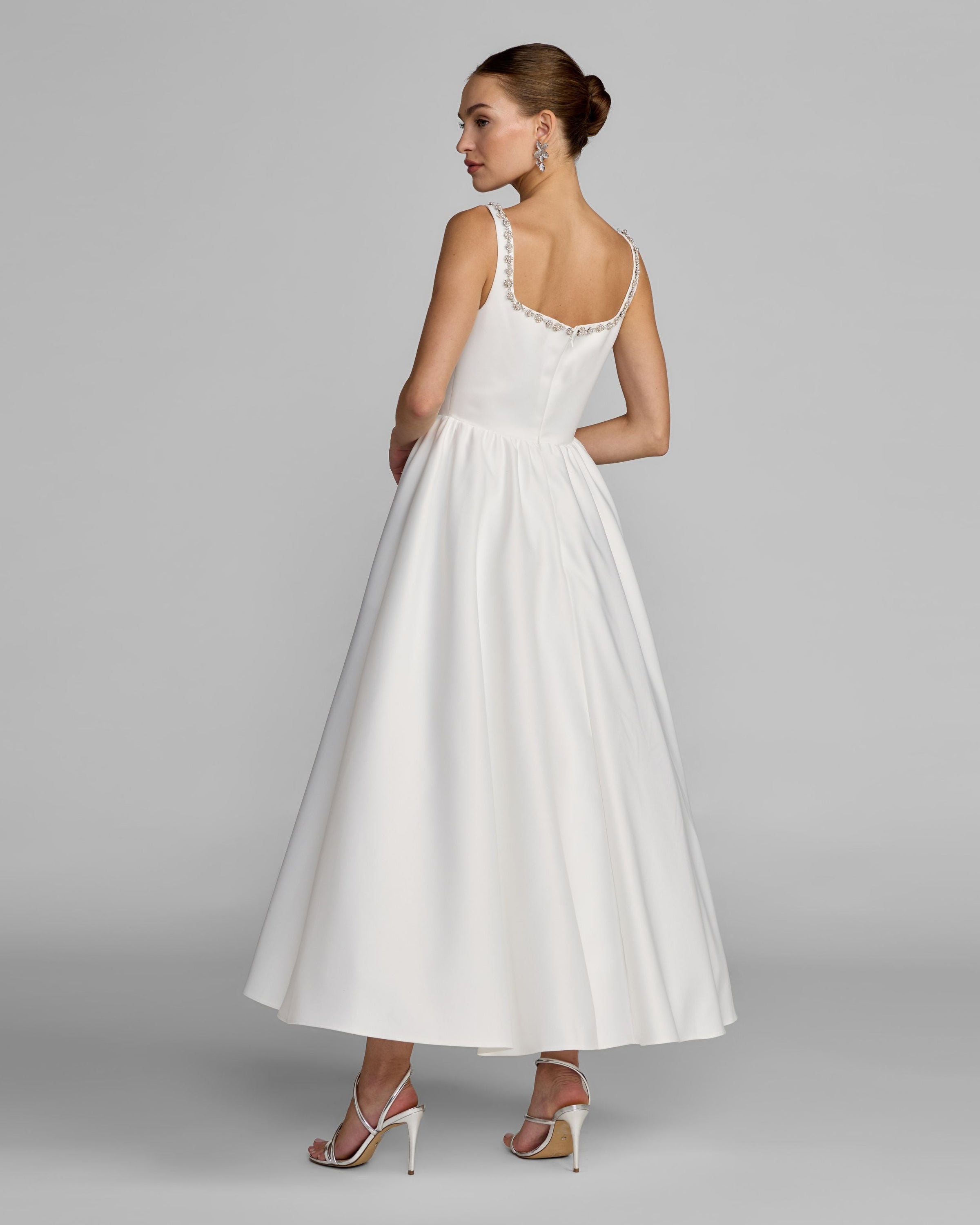Embellished Square Neck A-Line Midi Dress - Ivory