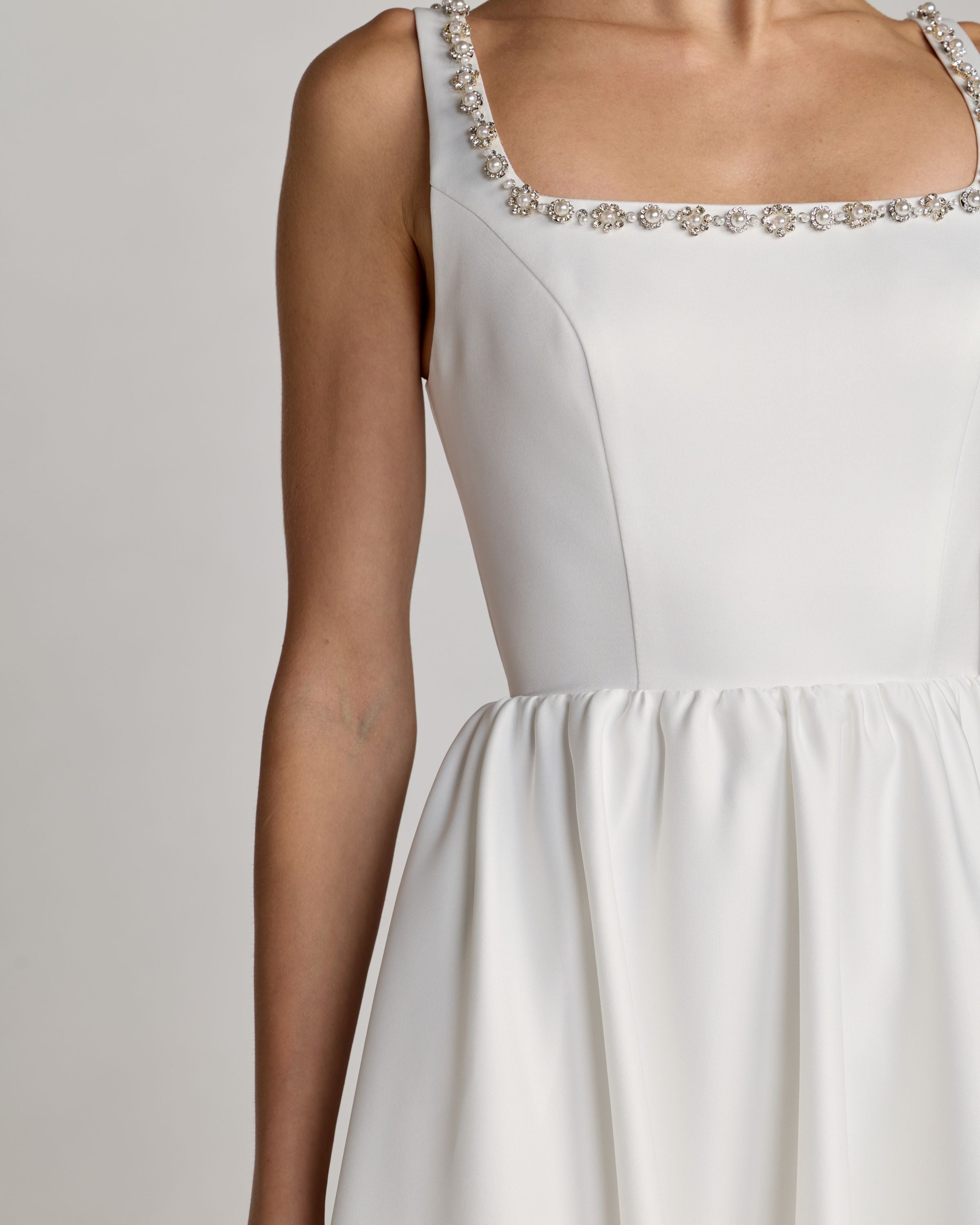 Embellished Square Neck A-Line Midi Dress - Ivory
