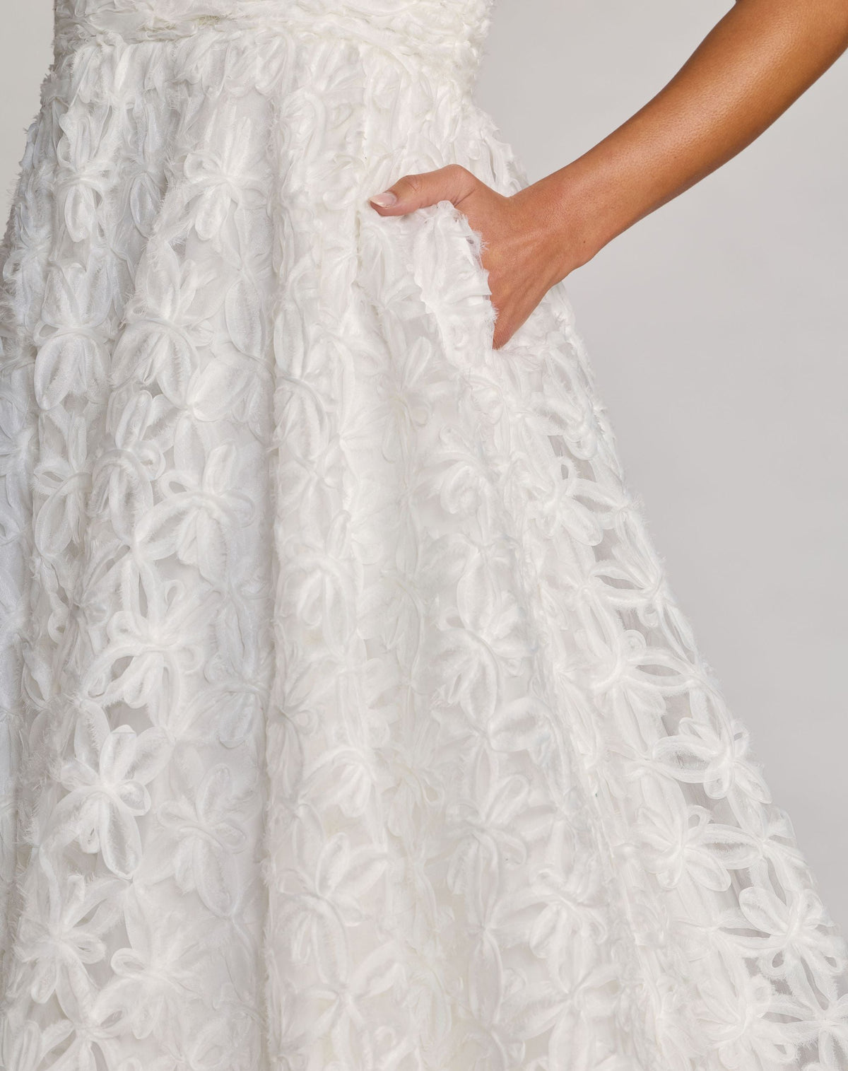 Mac Duggal #56418 ivory tulle floral midi dress with pockets