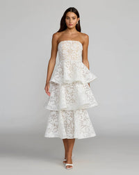 Mac Duggal White and Beige Strapless Lace Tiered Ruffle Midi Dress #56419