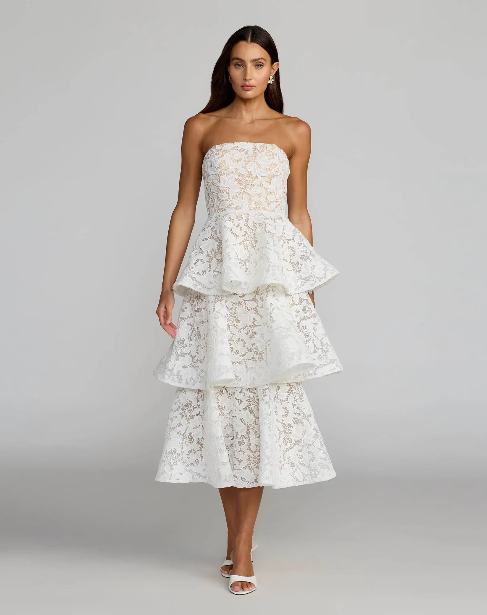 Mac Duggal White and Beige Strapless Lace Tiered Ruffle Midi Dress #56419