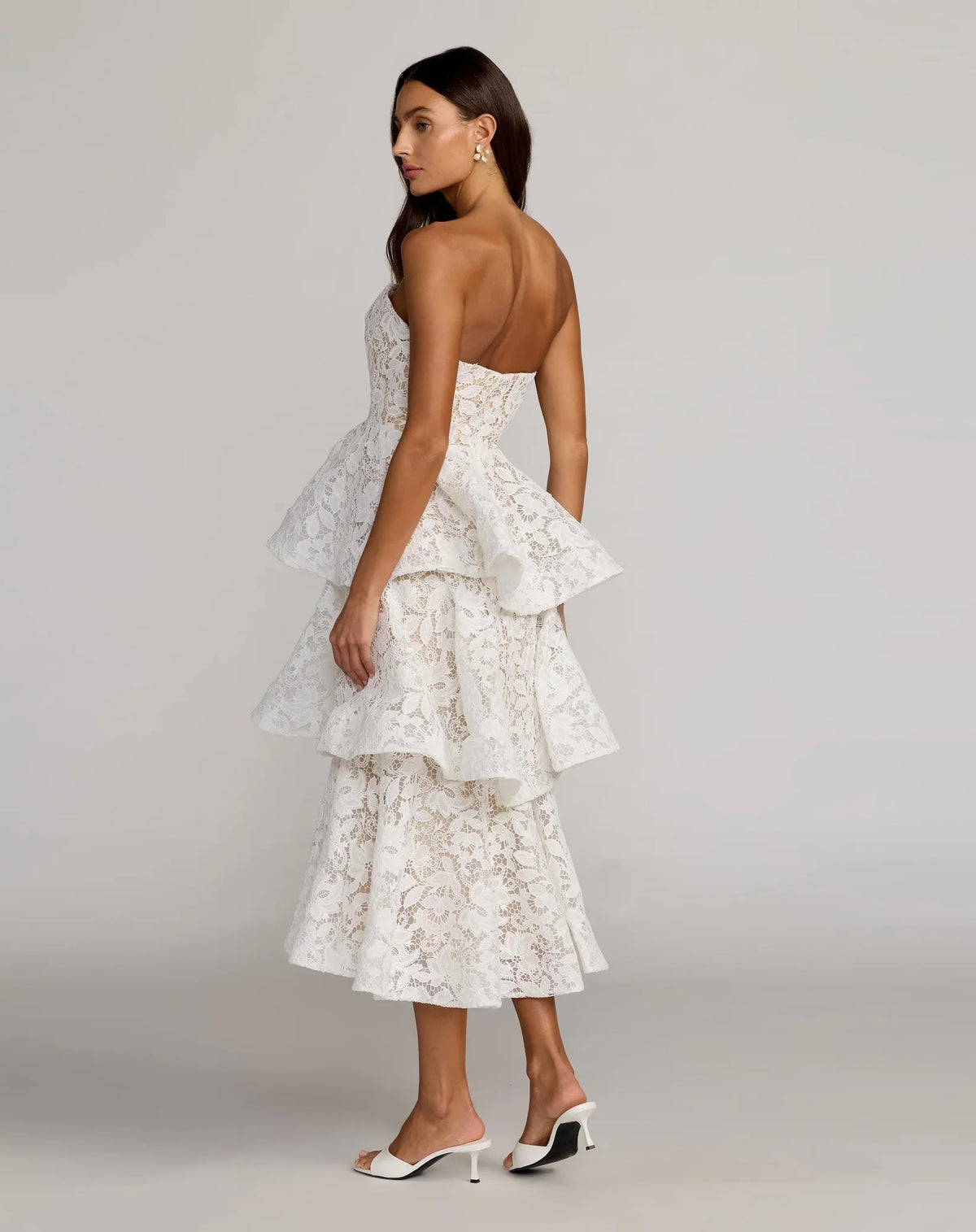Mac Duggal White and Beige Strapless Lace Tiered Ruffle Midi Dress #56419