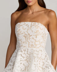 Mac Duggal White and Beige Strapless Lace Tiered Ruffle Midi Dress #56419