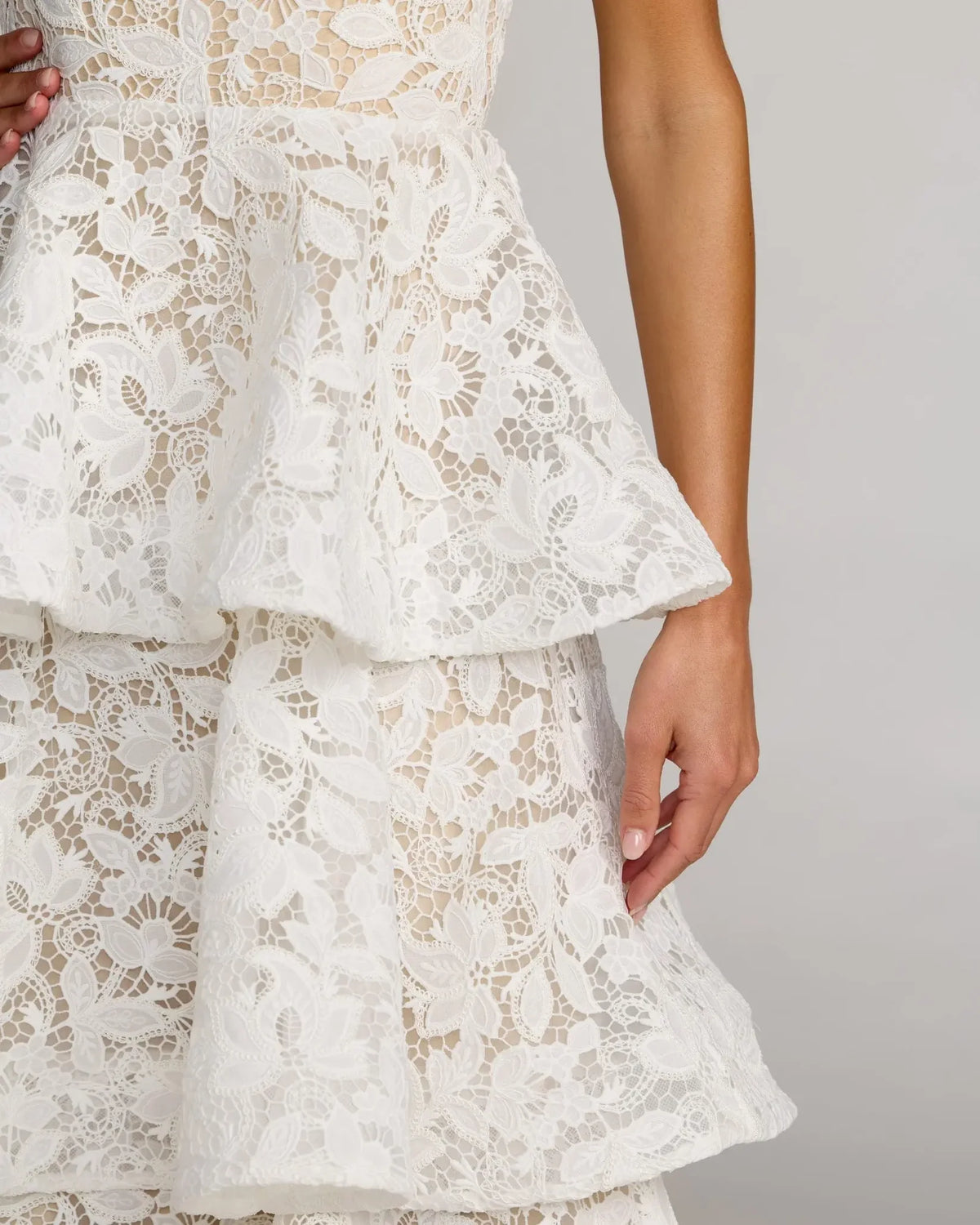 Mac Duggal White and Beige Strapless Lace Tiered Ruffle Midi Dress #56419
