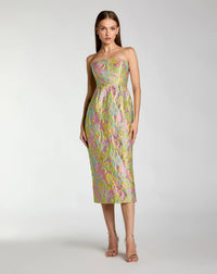 Mac Duggal 56423 Blush Multi strapless floral brocade midi dress - Front