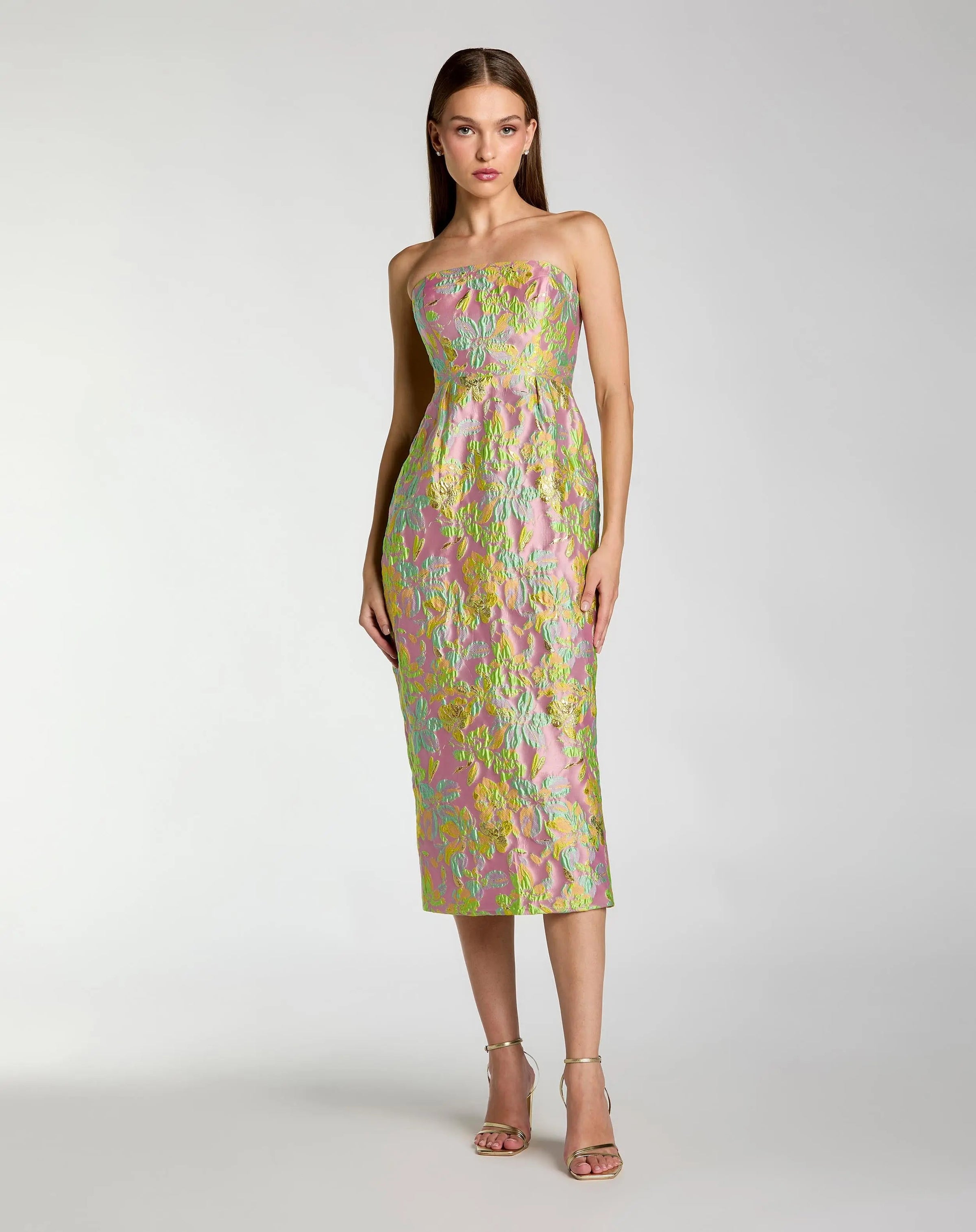 Mac Duggal 56423 Blush Multi strapless floral brocade midi dress - Front