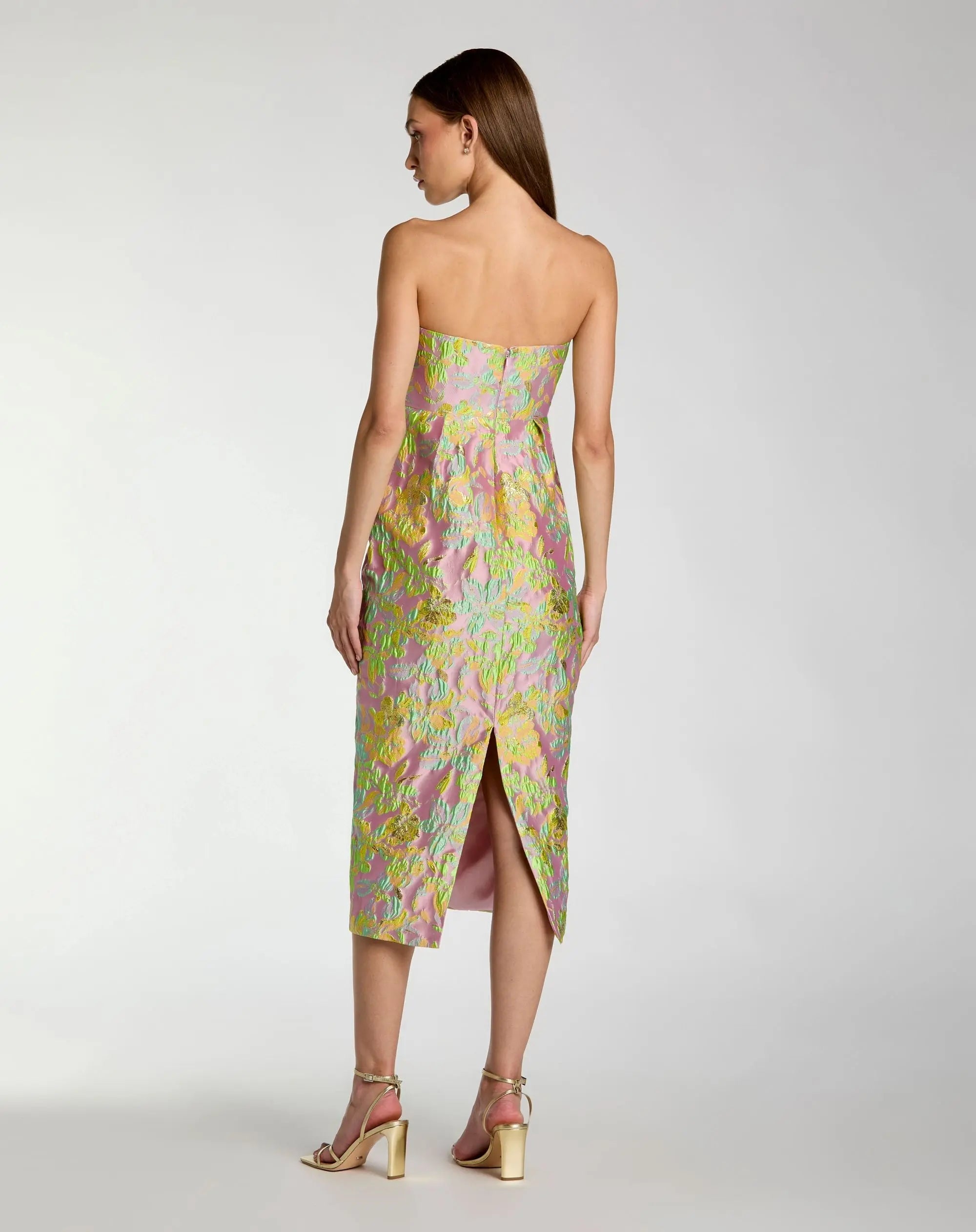 Mac Duggal 56423 Blush Multi strapless floral brocade midi dress - Back view