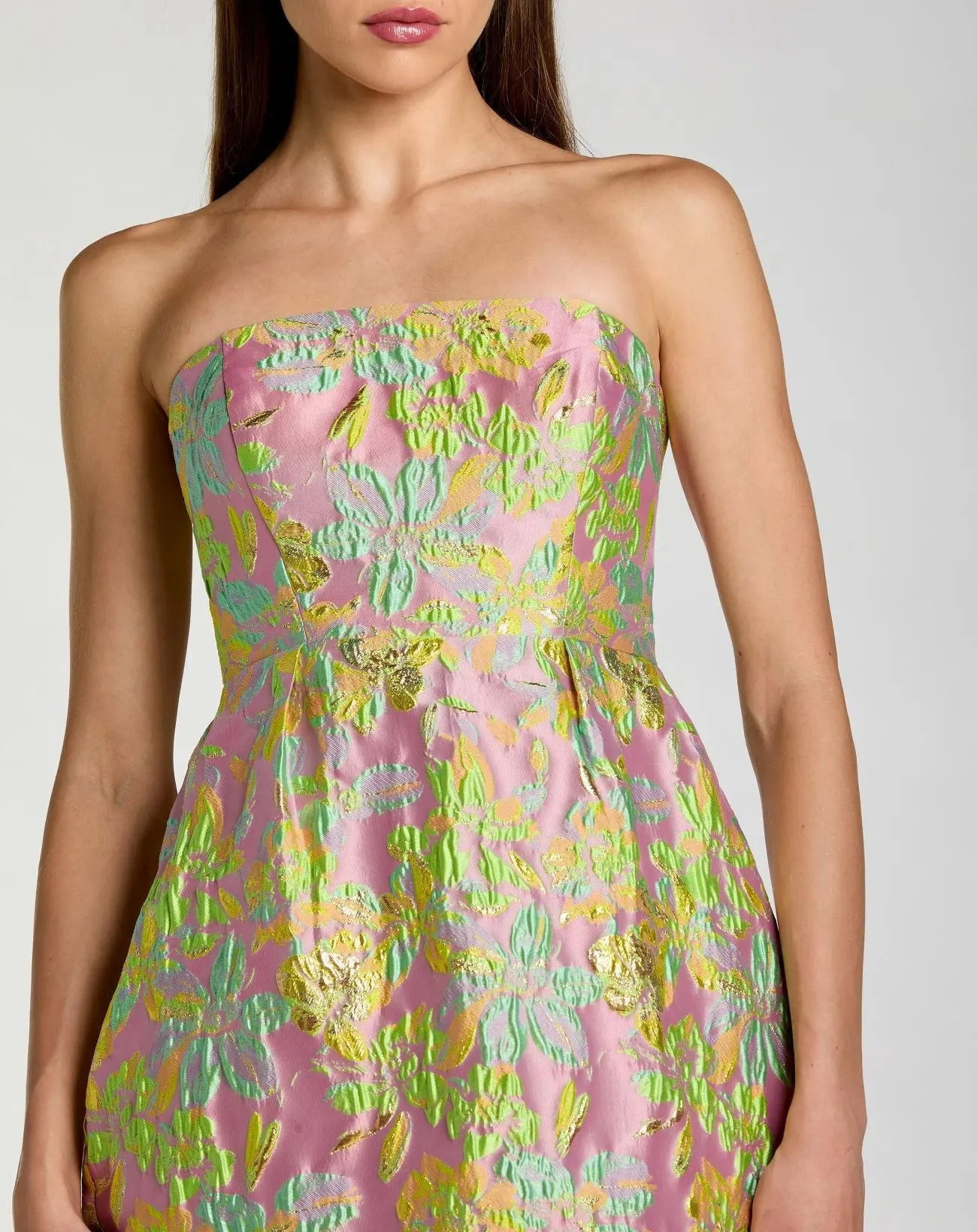 Mac Duggal 56423 Blush Multi strapless floral brocade midi dress - Close up detail