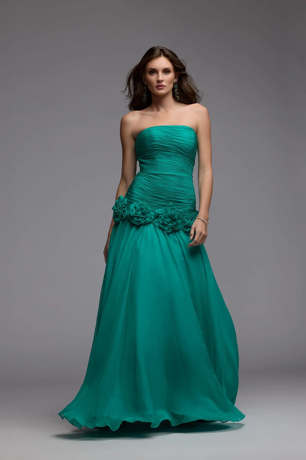 Green Strapless Chiffon Ball Gown With 3D Flowers