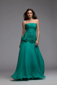 Green Strapless Chiffon Ball Gown With 3D Flowers