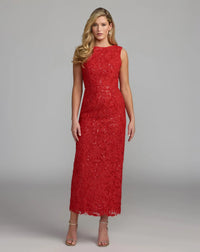 Mac Duggal 56435 Red lace leather high neck ankle dress - front