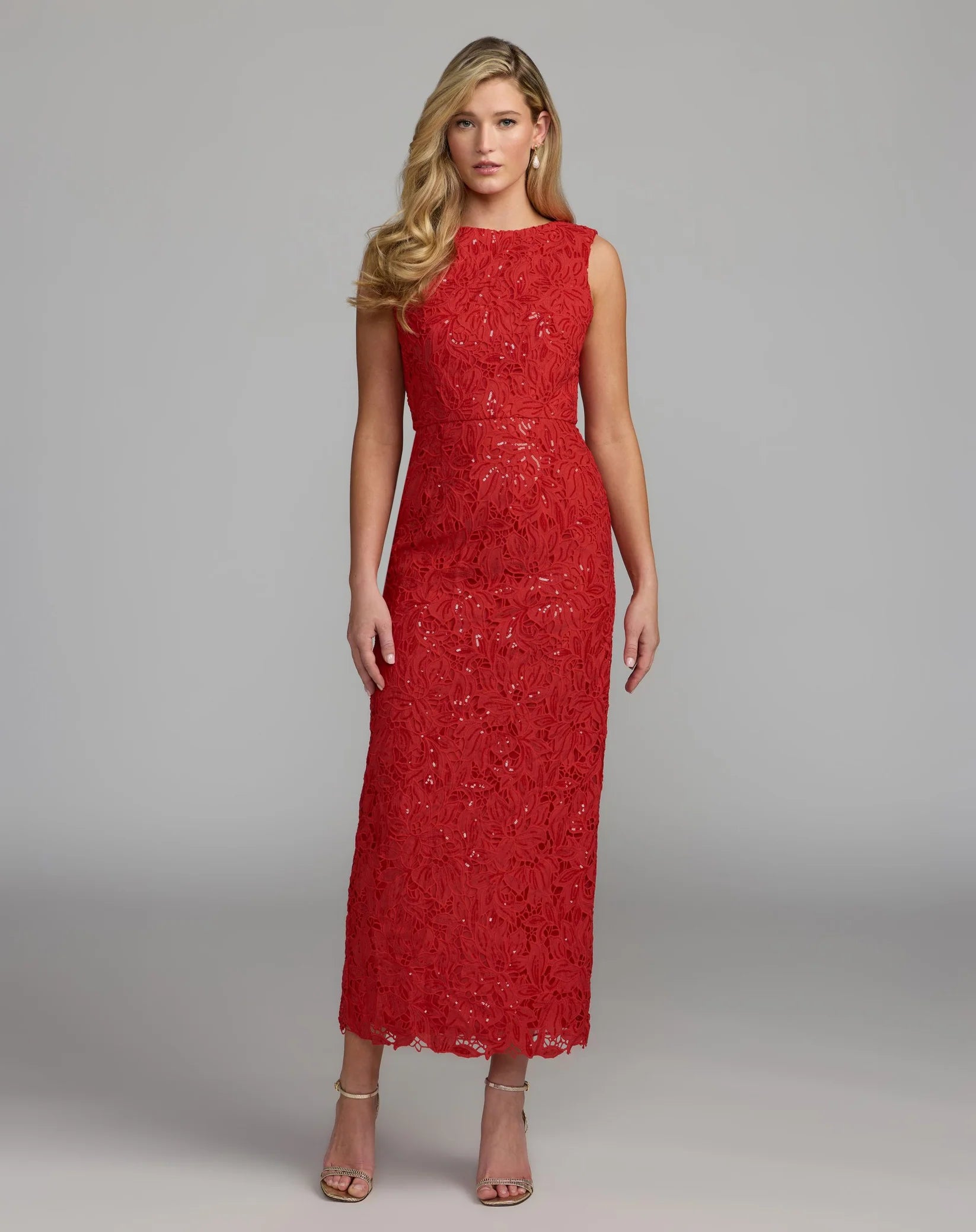 Mac Duggal 56435 Red lace leather high neck ankle dress - front