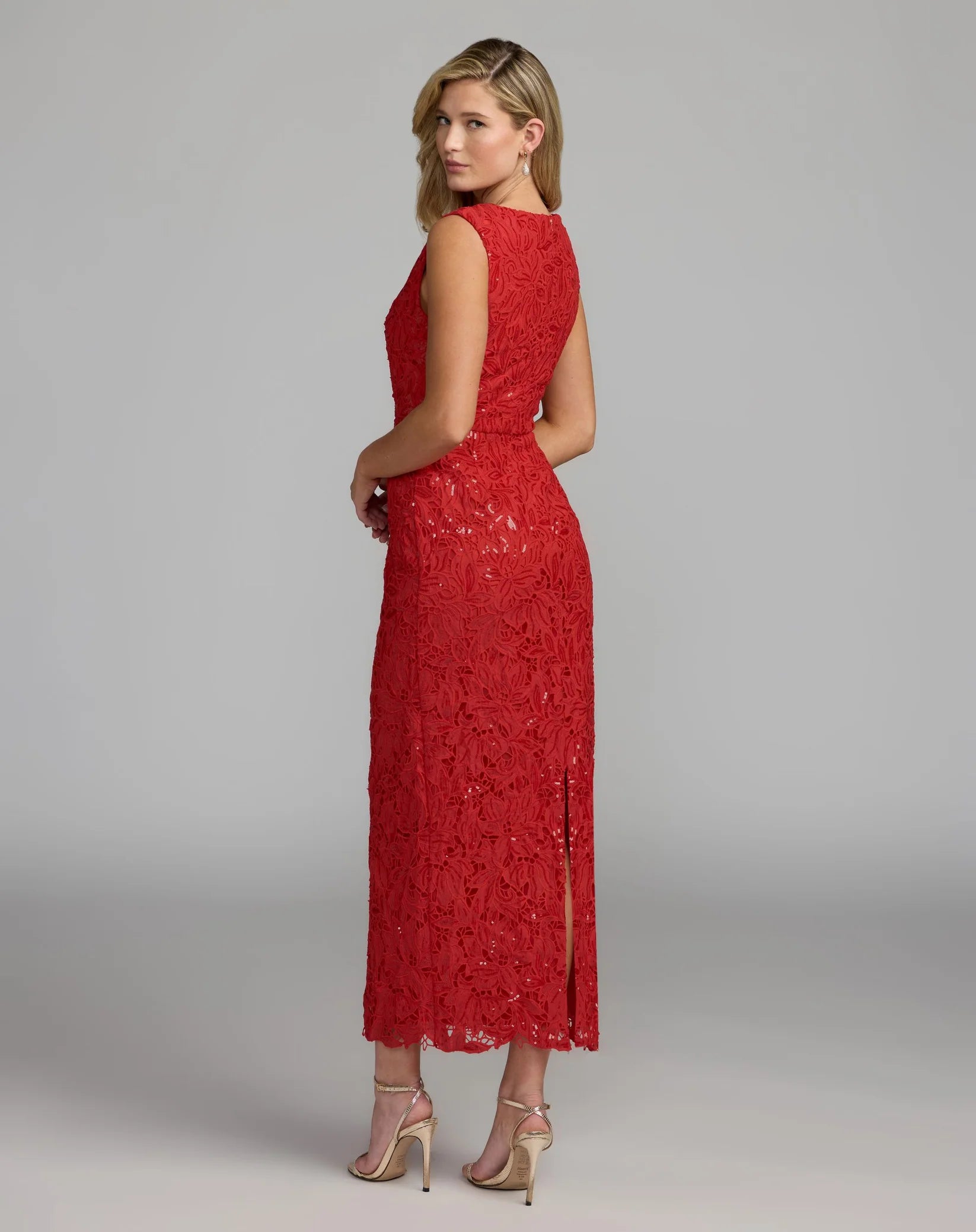 Mac Duggal 56435 Red lace leather high neck ankle dress - back