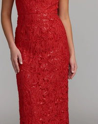 Mac Duggal 56435 Red lace leather high neck ankle dress - close-up