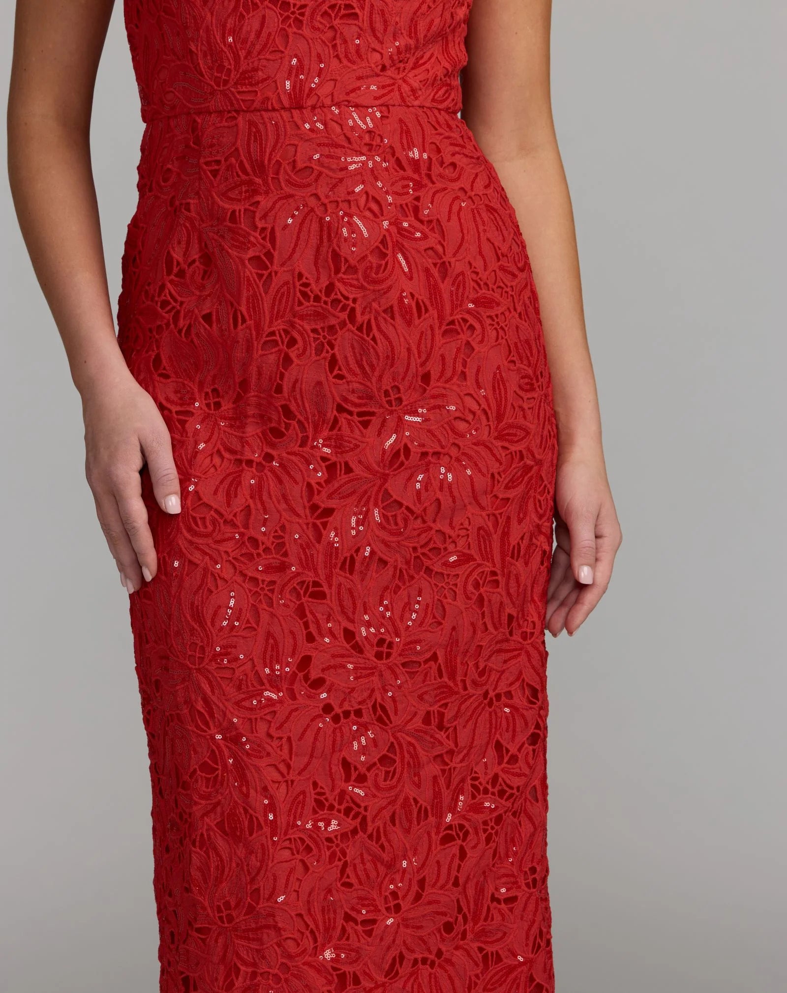 Mac Duggal 56435 Red lace leather high neck ankle dress - close-up