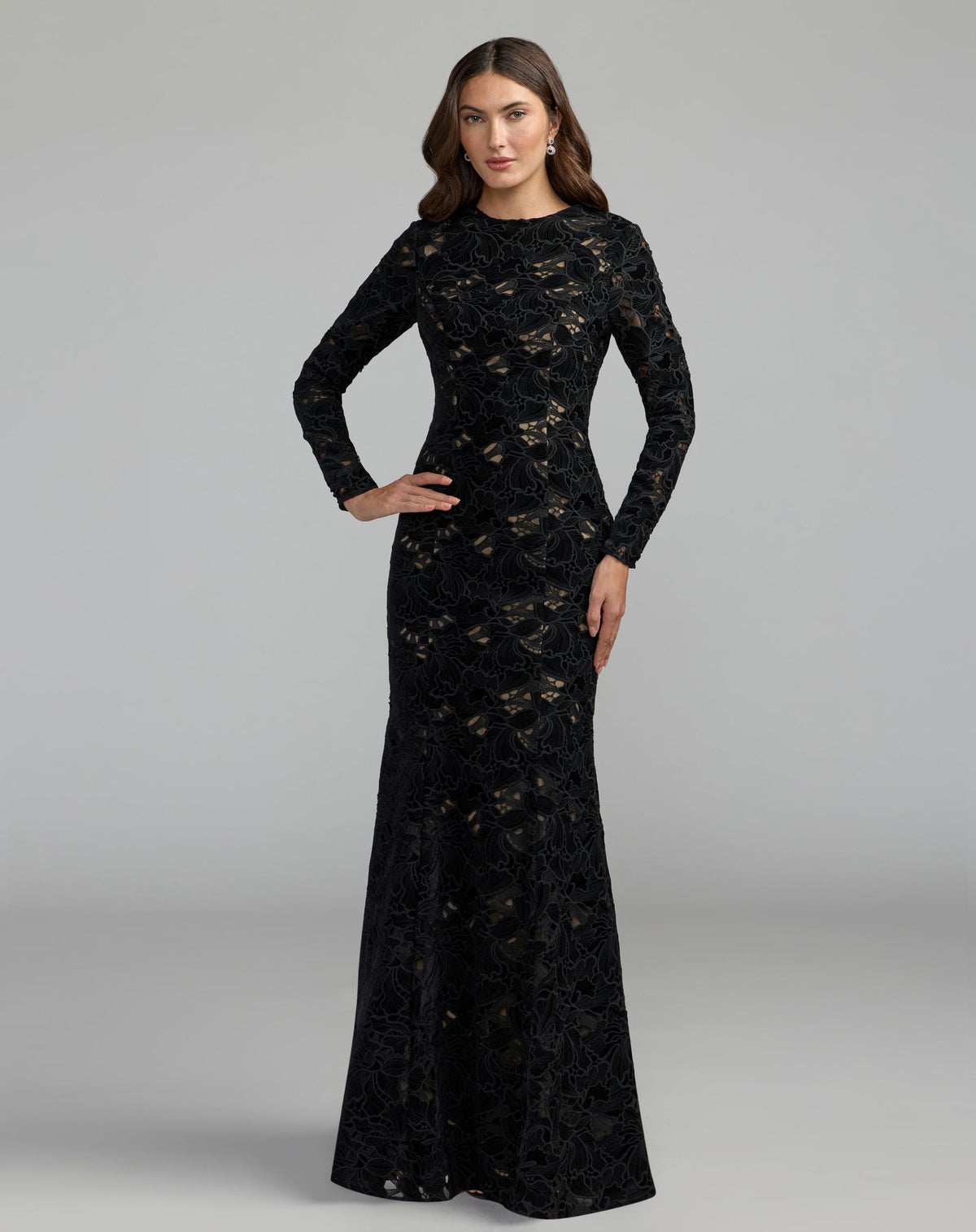 Mac Duggal #56436 black nude long sleeve open back embroidered gown