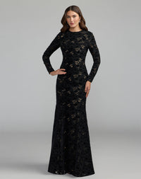 Mac Duggal #56436 black nude long sleeve open back embroidered gown