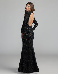 Mac Duggal #56436 black nude long sleeve open back embroidered gown back view