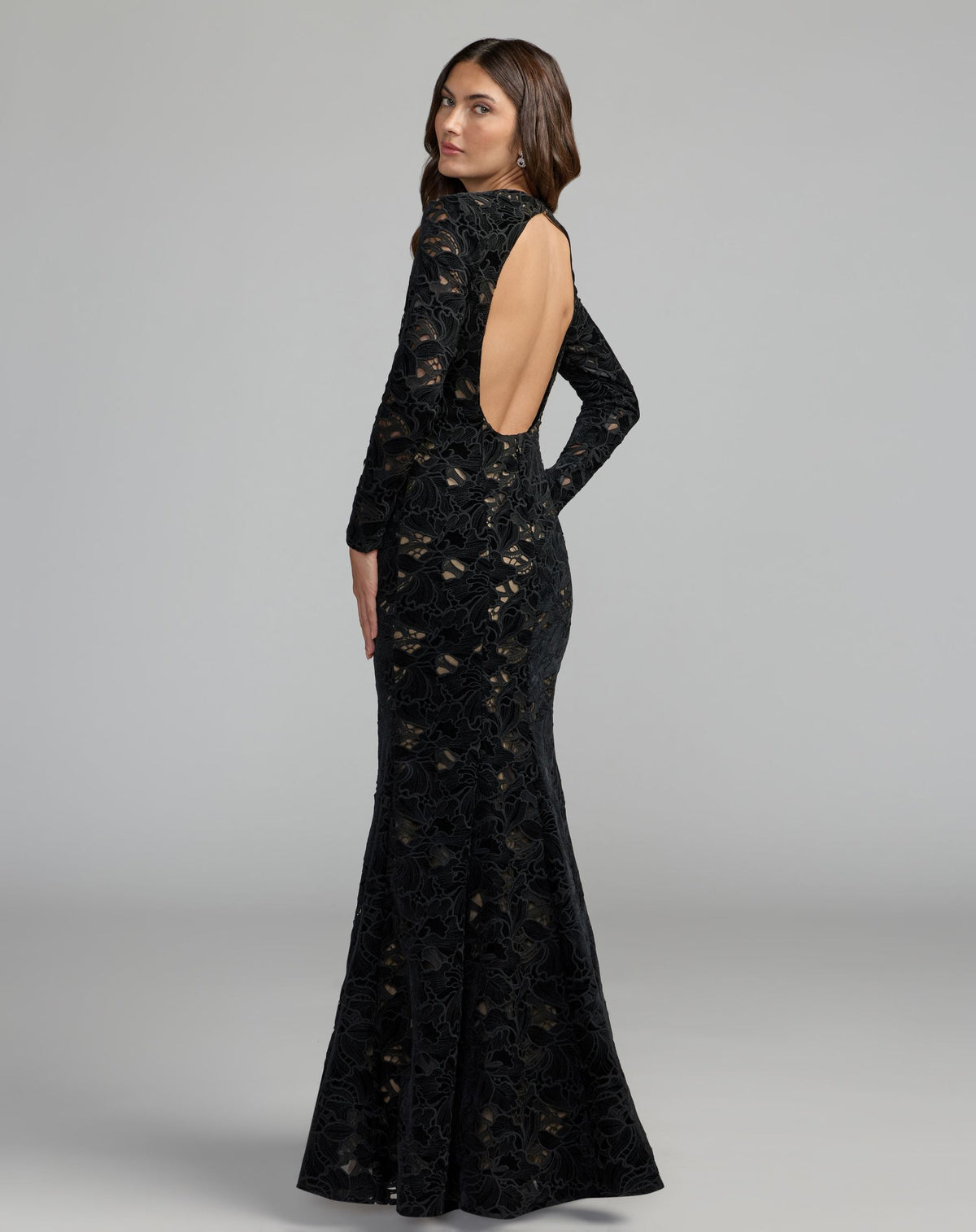 Mac Duggal #56436 black nude long sleeve open back embroidered gown back view