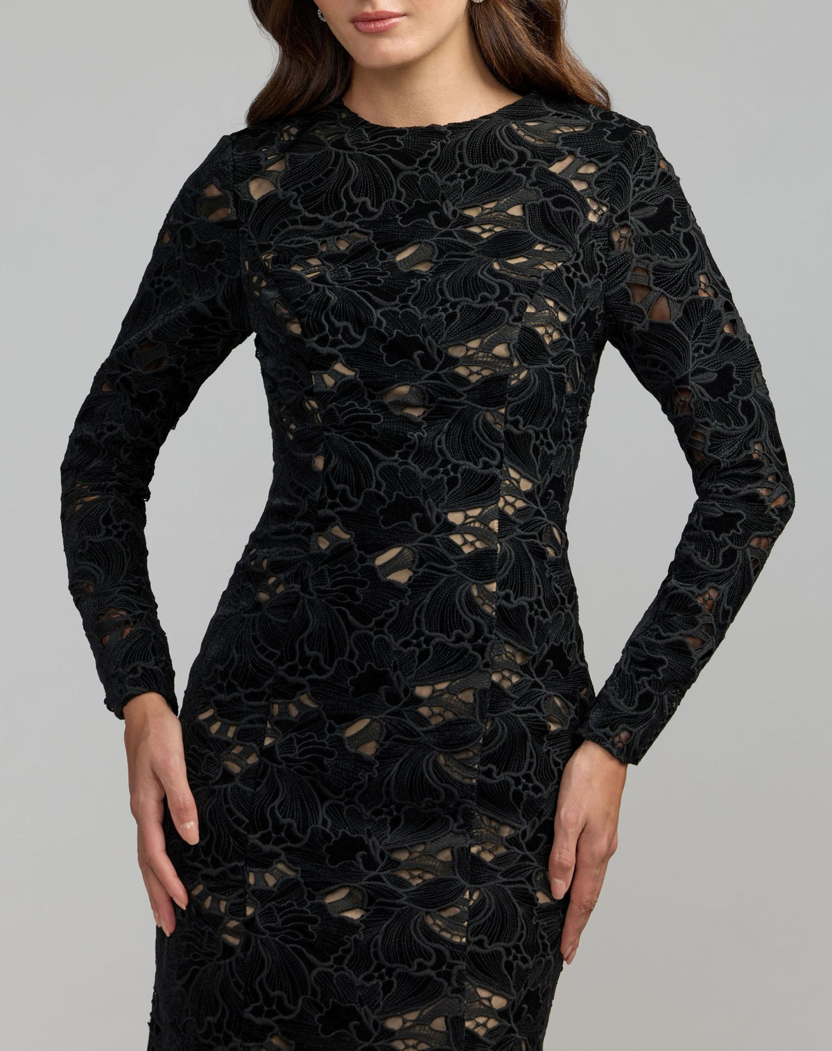 Mac Duggal #56436 black nude long sleeve open back embroidered gown close-up