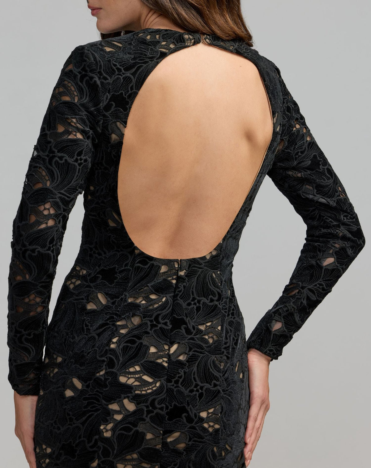 Mac Duggal #56436 black nude long sleeve open back embroidered gown close-up