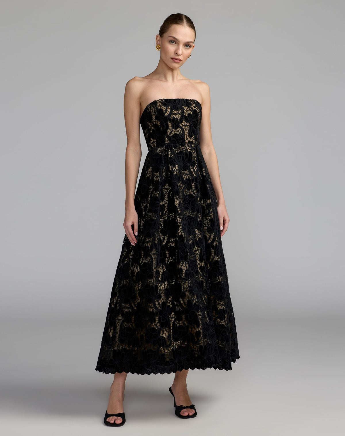 Mac Duggal #56438 black nude floral lace strapless a-line midi dress
