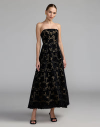 Mac Duggal #56438 black nude floral lace strapless a-line midi dress
