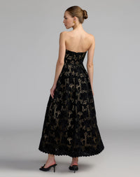 Mac Duggal #56438 black nude floral lace strapless a-line midi dress back view