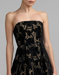 Mac Duggal #56438 black nude floral lace strapless a-line midi dress close-up