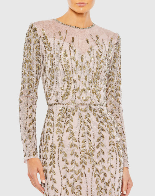 Embellished Illusion High Neck Long Sleeve Gown - Mocha