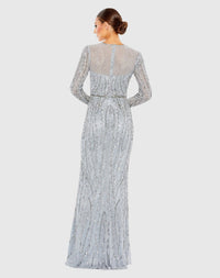 Embellished Illusion High Neck Long Sleeve Gown - Mocha