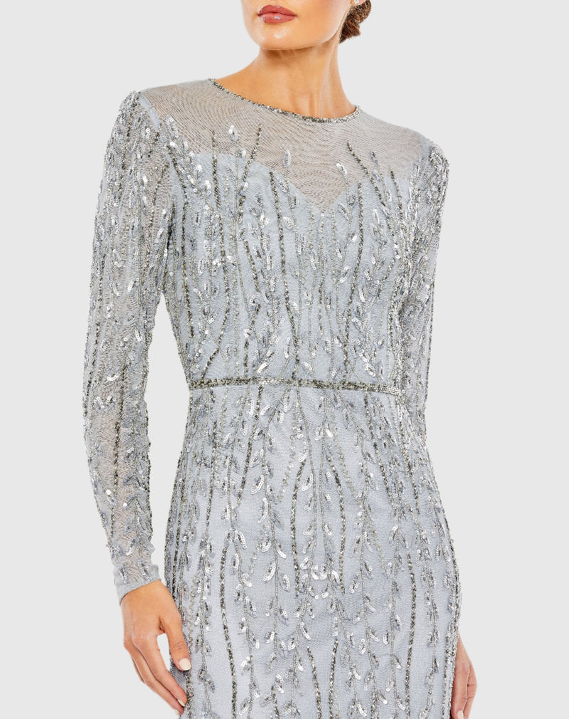 Embellished Illusion High Neck Long Sleeve Gown - Mocha