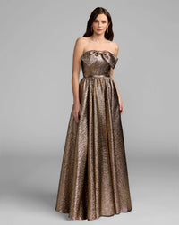 Mac Duggal 56441 Antique Bronze brocade strapless bow detail gown - front