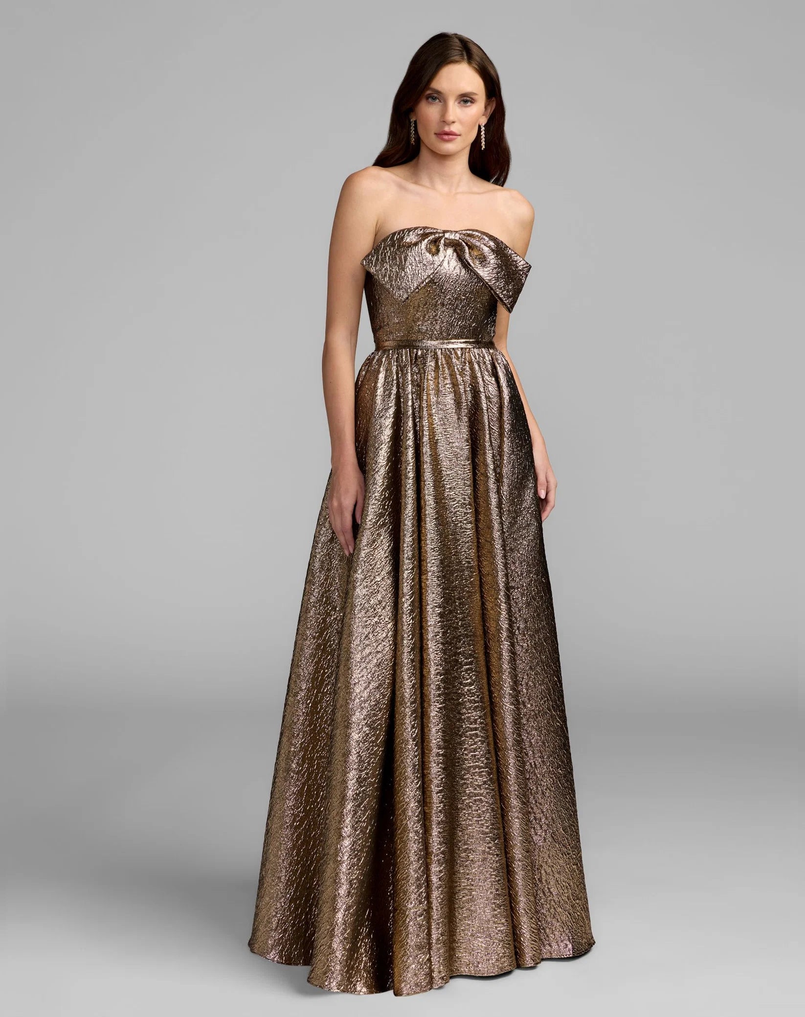 Mac Duggal 56441 Antique Bronze brocade strapless bow detail gown - front