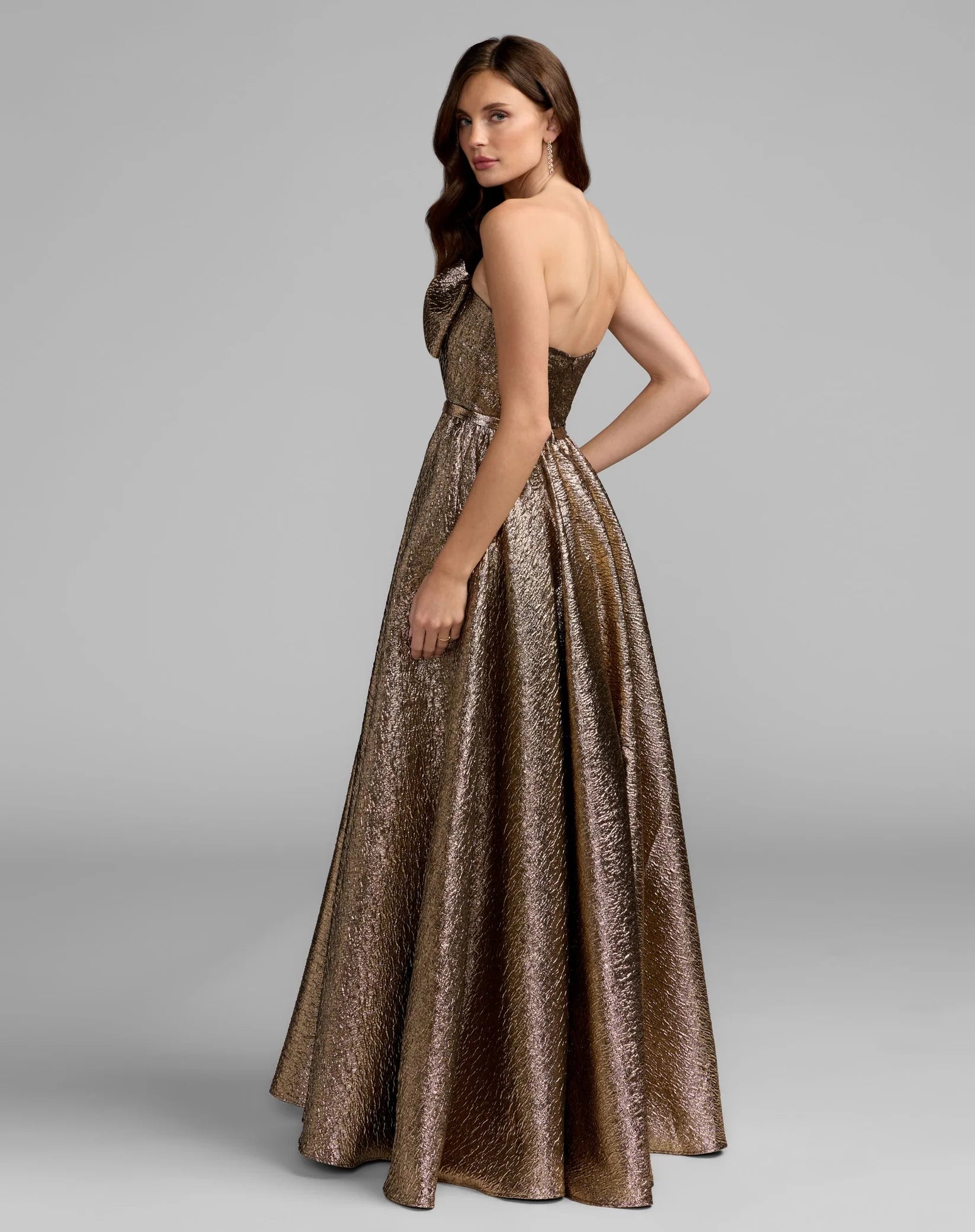 Mac Duggal 56441 Antique Bronze brocade strapless bow detail gown - back