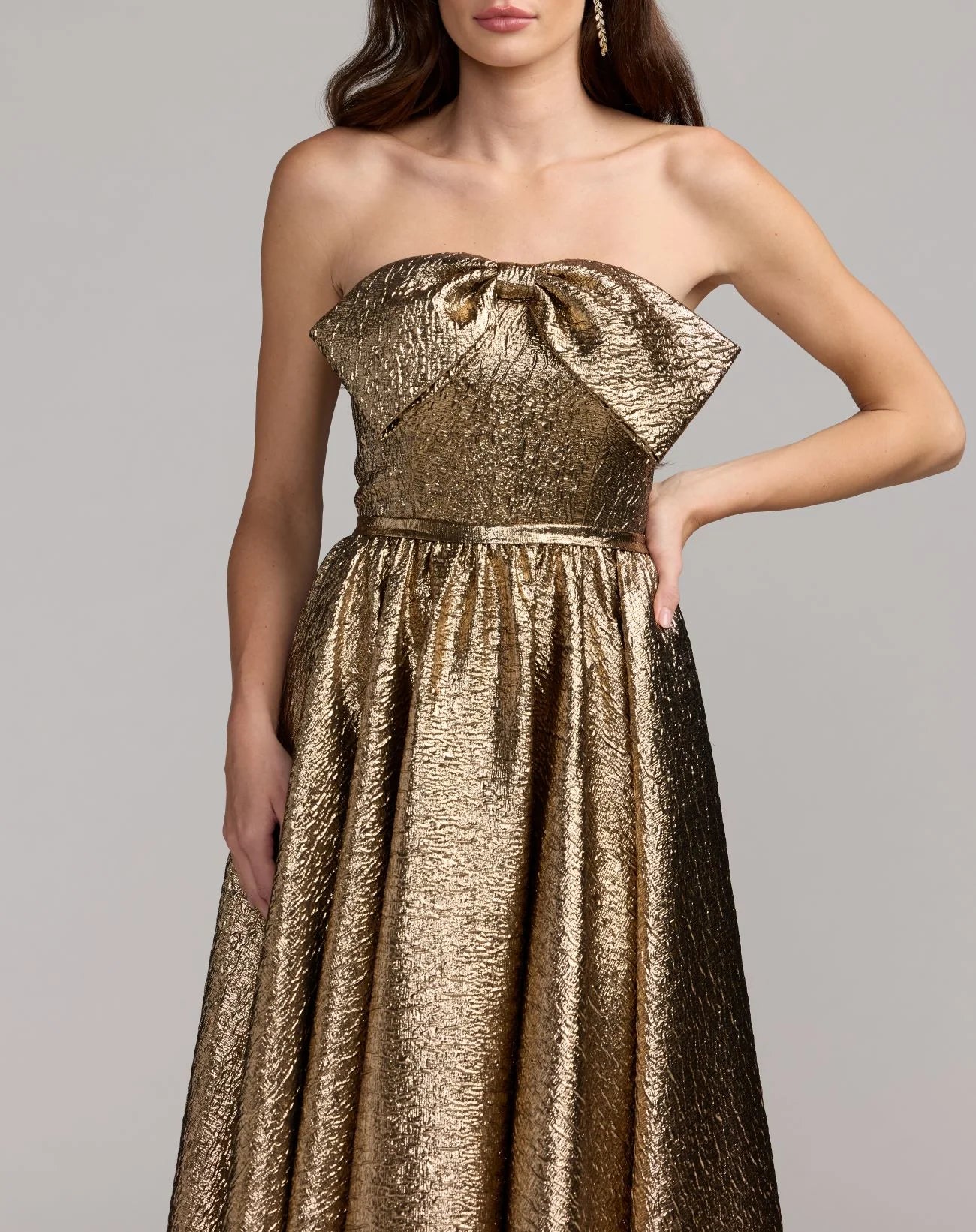 Mac Duggal 56441 Antique Bronze brocade strapless bow detail gown - detail