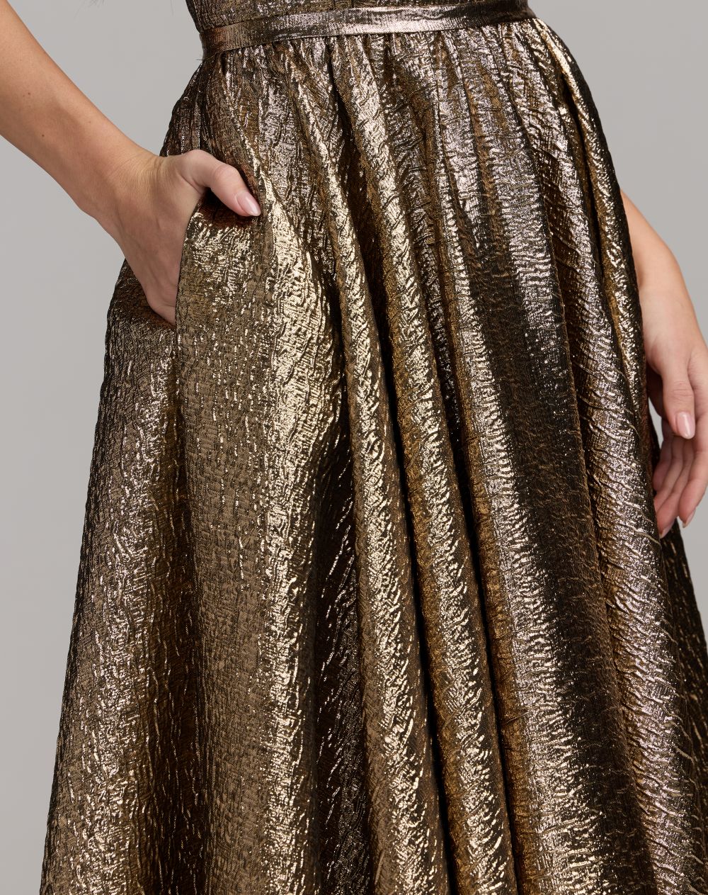 Mac Duggal 56441 Antique Bronze brocade strapless bow detail gown - close-up