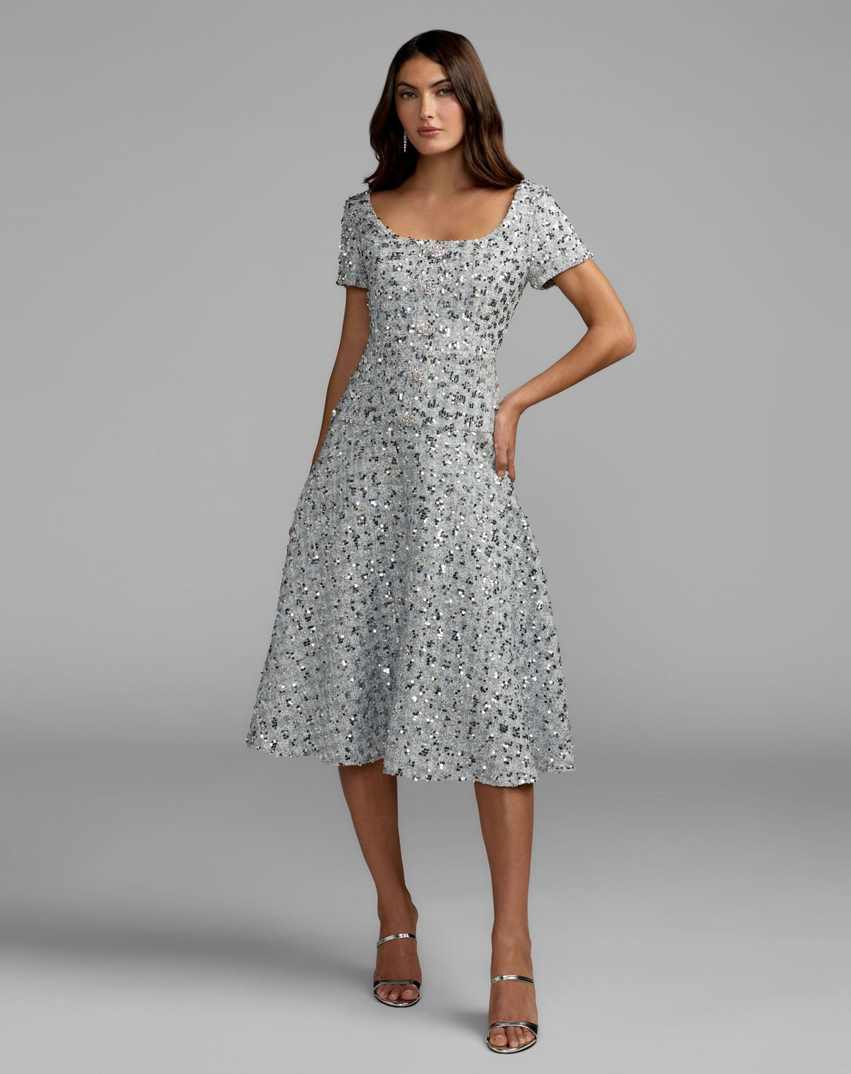 Mac Duggal #56451 platinum sequin button up boucle midi dress