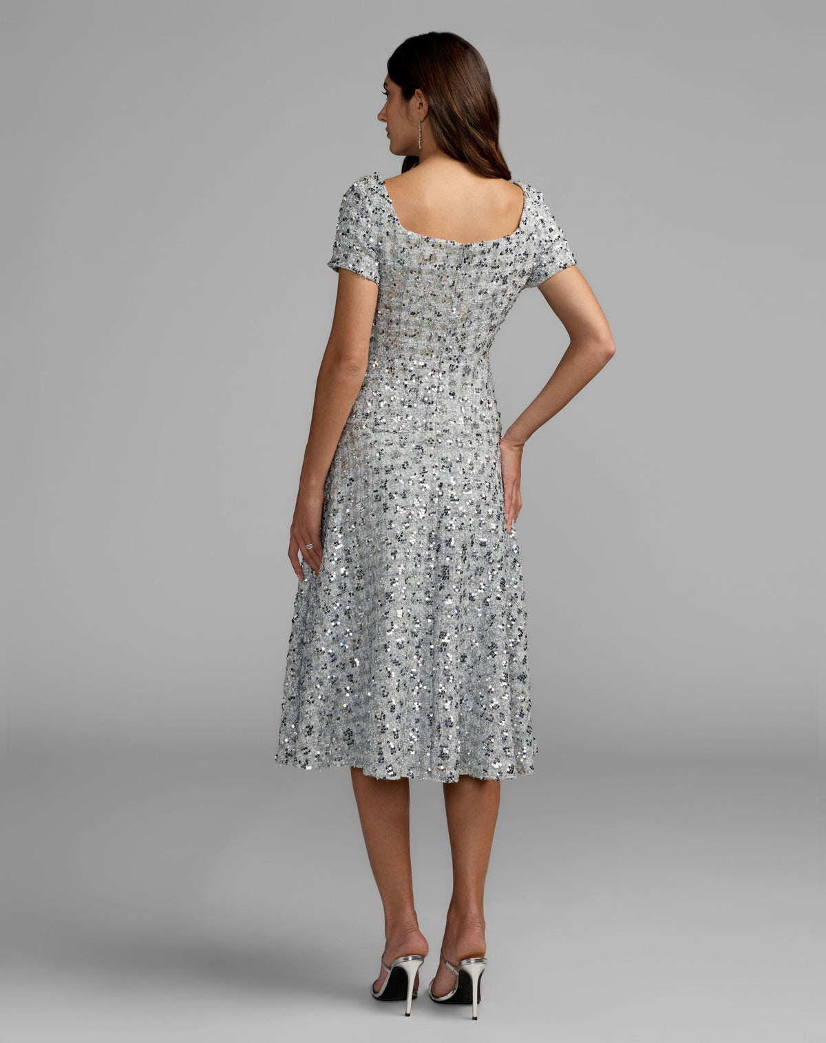 Mac Duggal #56451 platinum sequin button up boucle midi dress