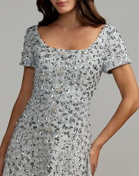 Mac Duggal #56451 platinum sequin button up boucle midi dress