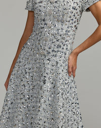 Mac Duggal #56451 platinum sequin button up boucle midi dress