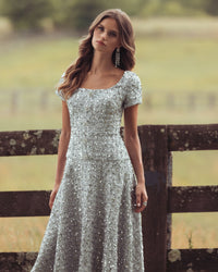 Mac Duggal #56451 platinum sequin button up boucle midi dress