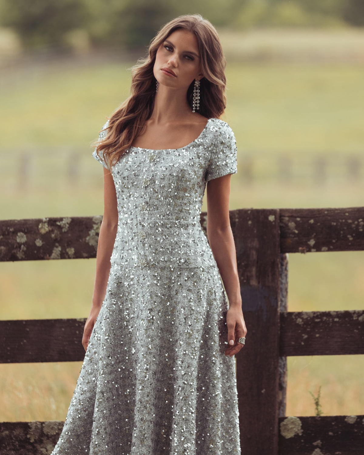 Mac Duggal #56451 platinum sequin button up boucle midi dress