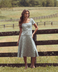 Mac Duggal #56451 platinum sequin button up boucle midi dress
